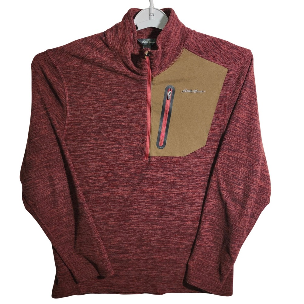 Eddie Bauer Mens Small Burgundy Heather Quarter Zip Fleece Pullover Chest Pocket